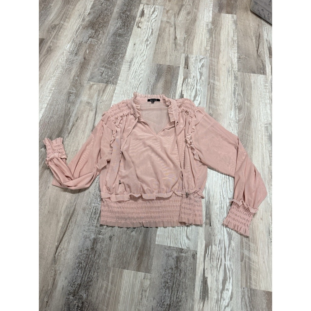 New Look Blush Pink Sheer Mesh Ruffle Blouse 1X Plus Size Smocked Boho Top